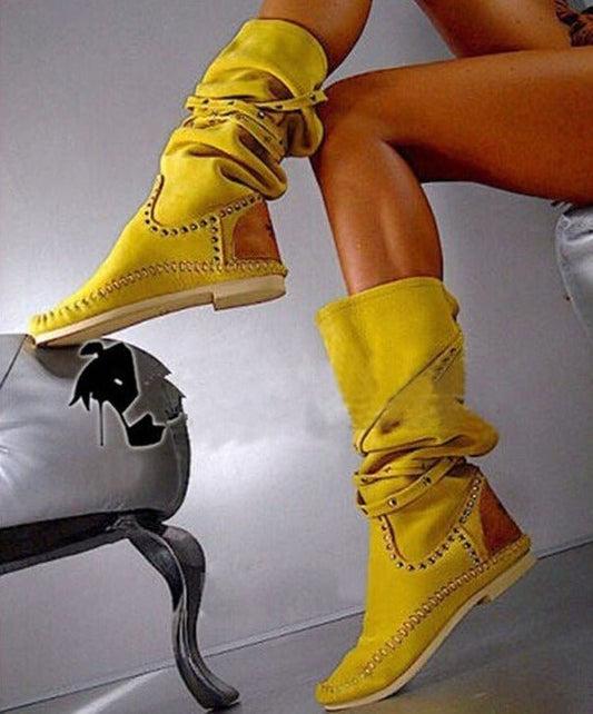 Women Suede Leather Round Toe Flat Heels Gladiator Shoes - LiveTrendsX