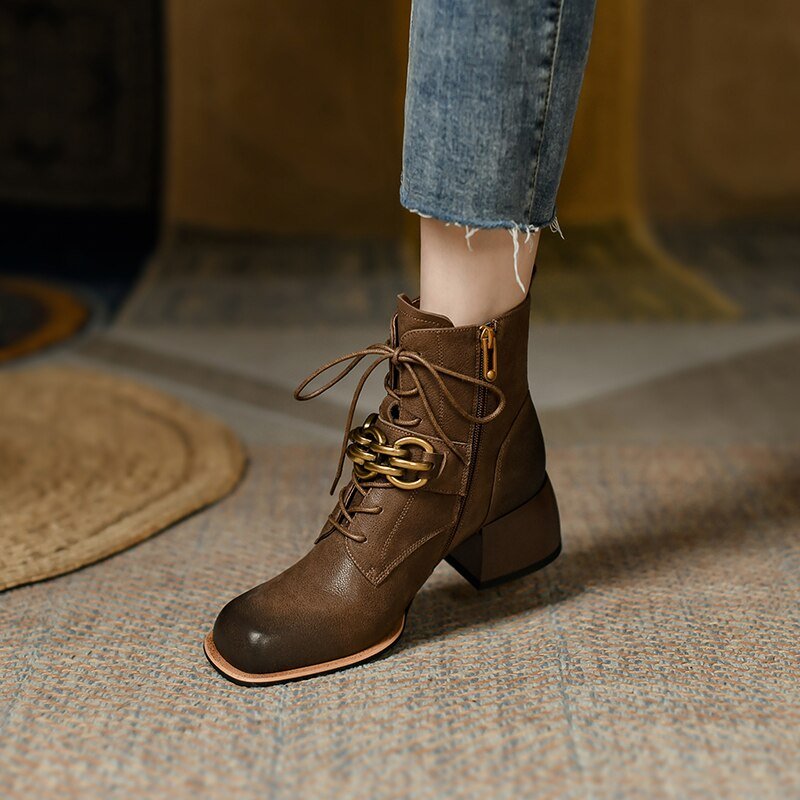 Women vintage cowhide chunky heels metal belt buckle Knight boots - LiveTrendsX