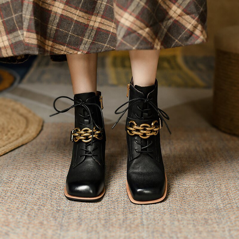 Women vintage cowhide chunky heels metal belt buckle Knight boots - LiveTrendsX