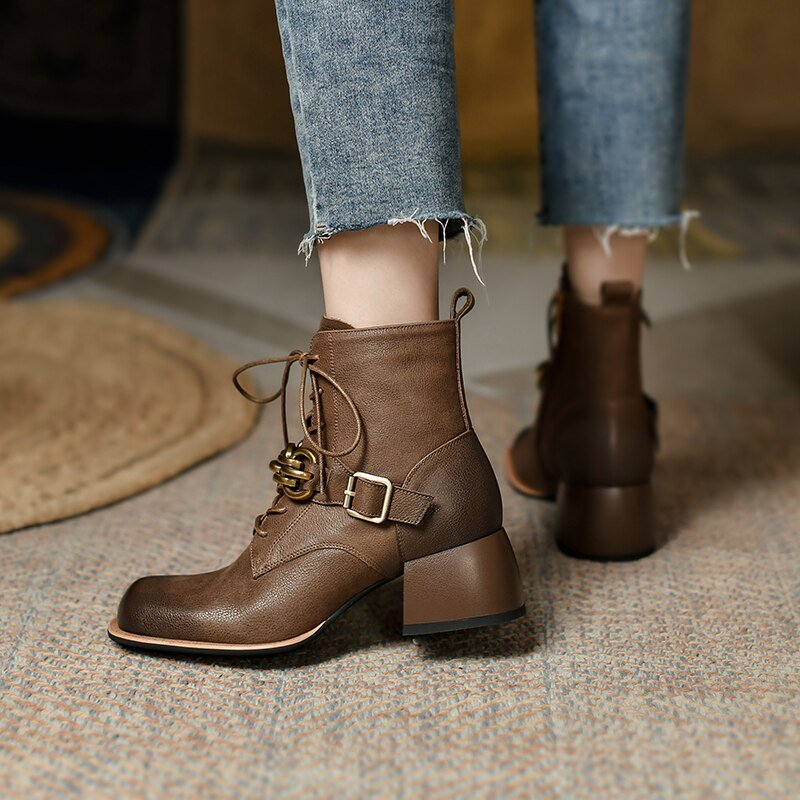 Women vintage cowhide chunky heels metal belt buckle Knight boots - LiveTrendsX