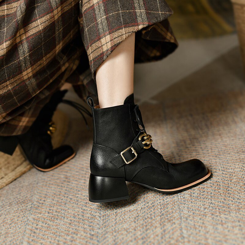 Women vintage cowhide chunky heels metal belt buckle Knight boots - LiveTrendsX