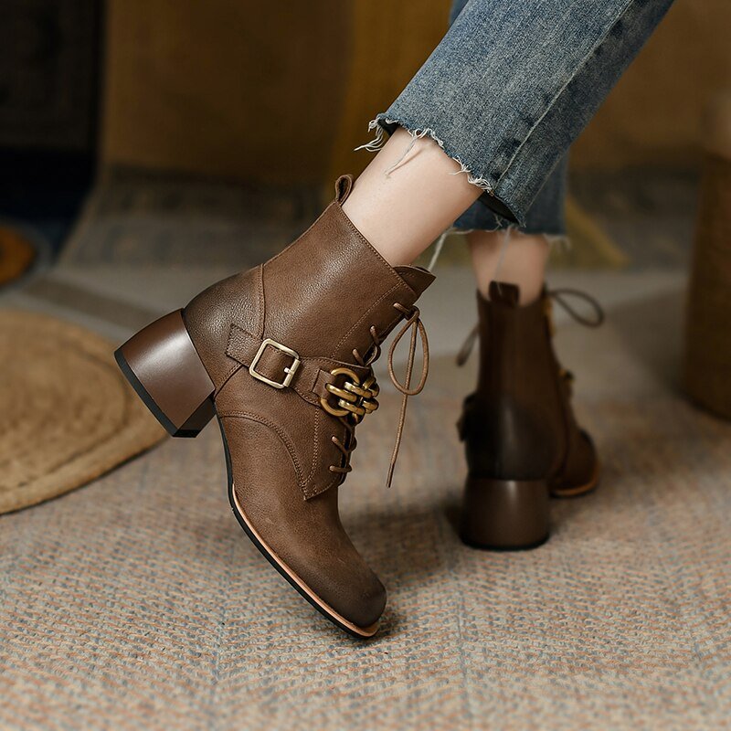 Women vintage cowhide chunky heels metal belt buckle Knight boots - LiveTrendsX