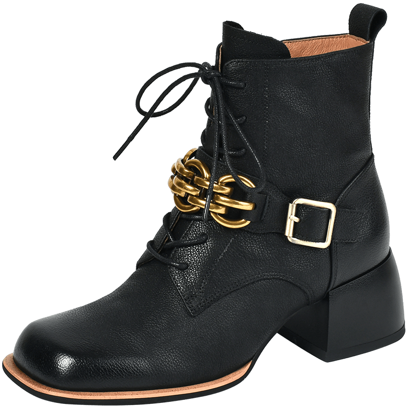 Women vintage cowhide chunky heels metal belt buckle Knight boots - LiveTrendsX