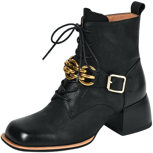 Women vintage cowhide chunky heels metal belt buckle Knight boots - LiveTrendsX