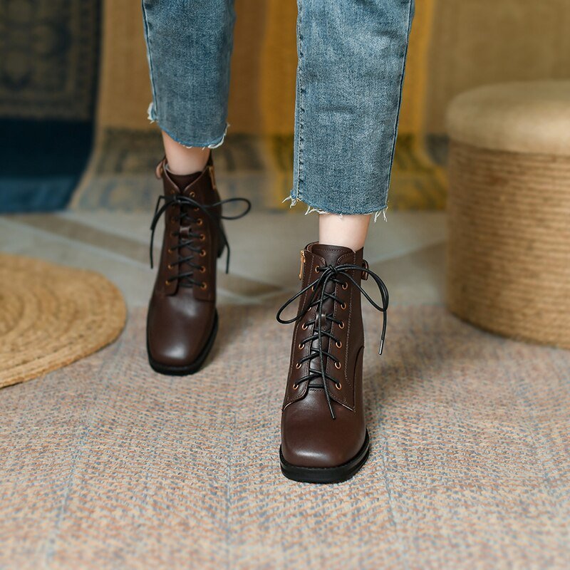 Women vintage cowhide chunky heels platform boots Knight boots - LiveTrendsX