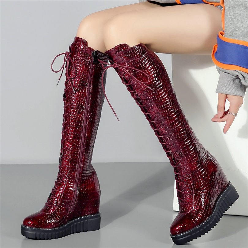 Women Wedges High Heel Knee High Military Boots Platform Pumps Shoes - LiveTrendsX