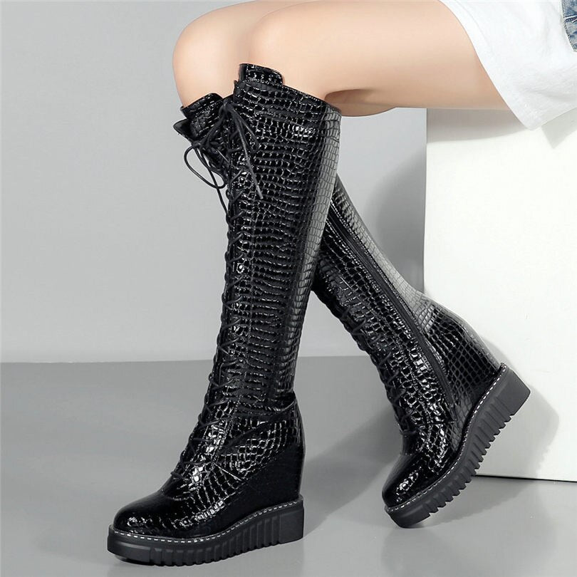 Women Wedges High Heel Knee High Military Boots Platform Pumps Shoes - LiveTrendsX