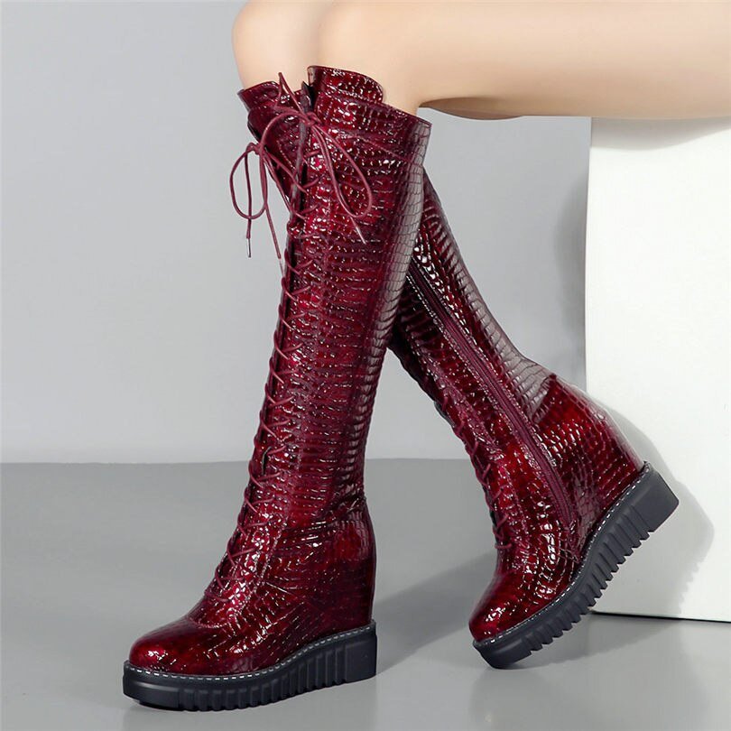 Women Wedges High Heel Knee High Military Boots Platform Pumps Shoes - LiveTrendsX