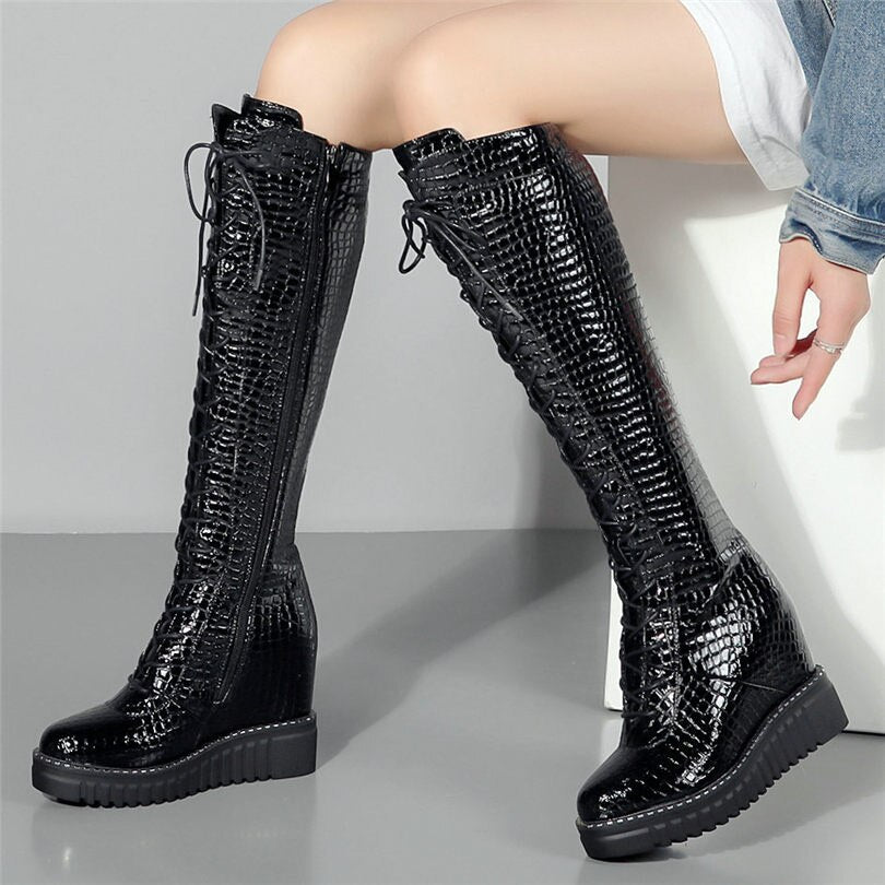 Women Wedges High Heel Knee High Military Boots Platform Pumps Shoes - LiveTrendsX