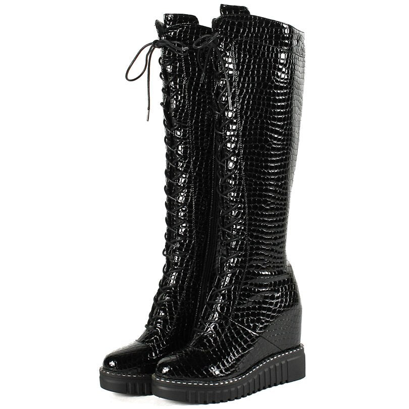 Women Wedges High Heel Knee High Military Boots Platform Pumps Shoes - LiveTrendsX