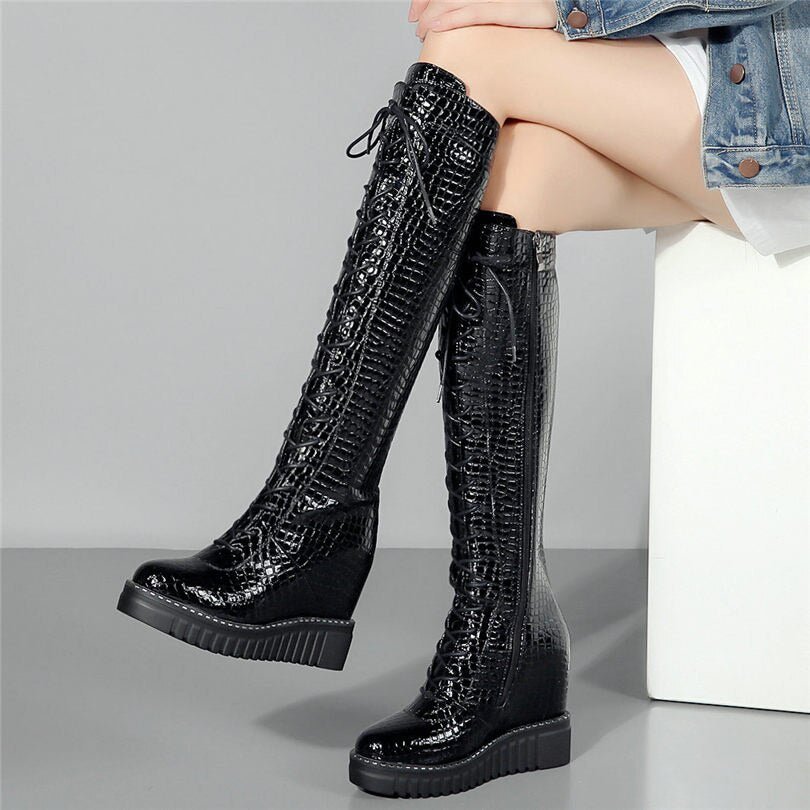 Women Wedges High Heel Knee High Military Boots Platform Pumps Shoes - LiveTrendsX