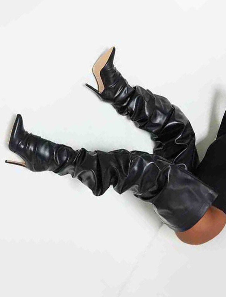 Women Wide Calf Slouchy Thigh High Boots Pointed Toe High Heel Shoes - LiveTrendsX