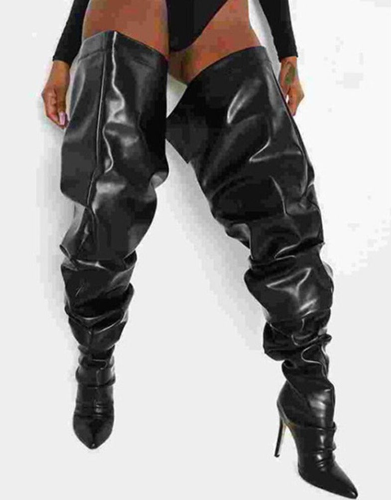 Women Wide Calf Slouchy Thigh High Boots Pointed Toe High Heel Shoes - LiveTrendsX