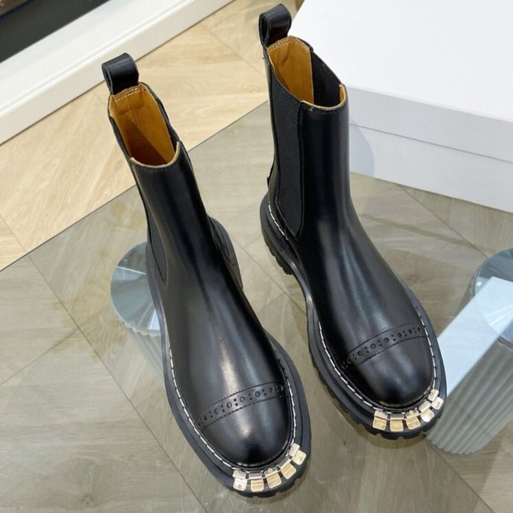 Women Winter Calfskin Leather Round Toe Ankle Boots - LiveTrendsX