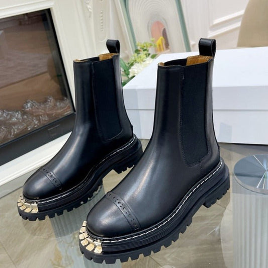 Women Winter Calfskin Leather Round Toe Ankle Boots - LiveTrendsX