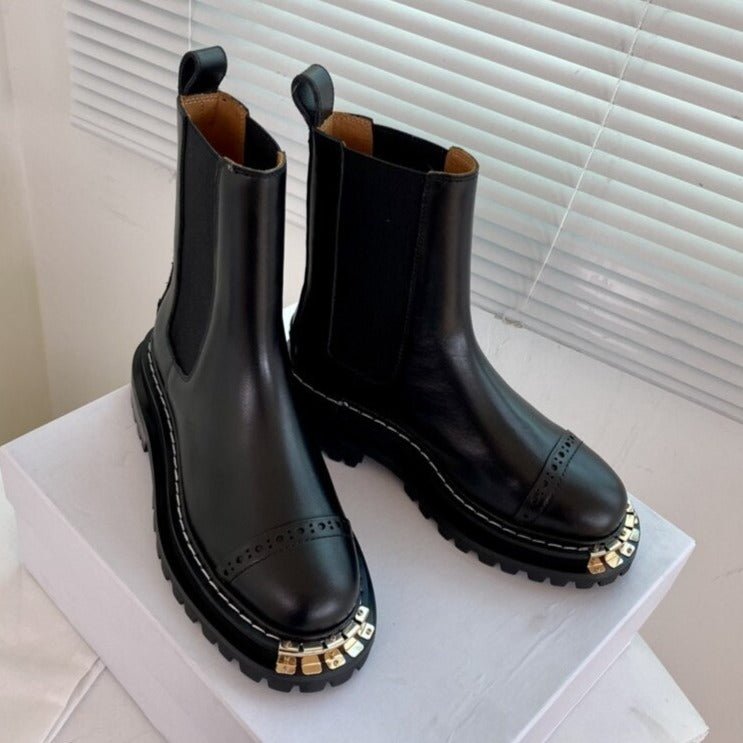 Women Winter Calfskin Leather Round Toe Ankle Boots - LiveTrendsX