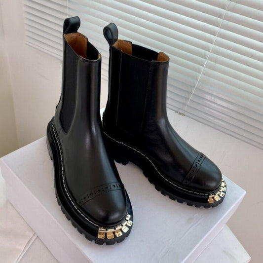 Women Winter Calfskin Leather Round Toe Ankle Boots - LiveTrendsX