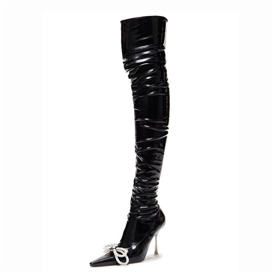 Women Zipper Thin High Heel Large Size Bow Rhinestone Chain Stretch Boots - LiveTrendsX