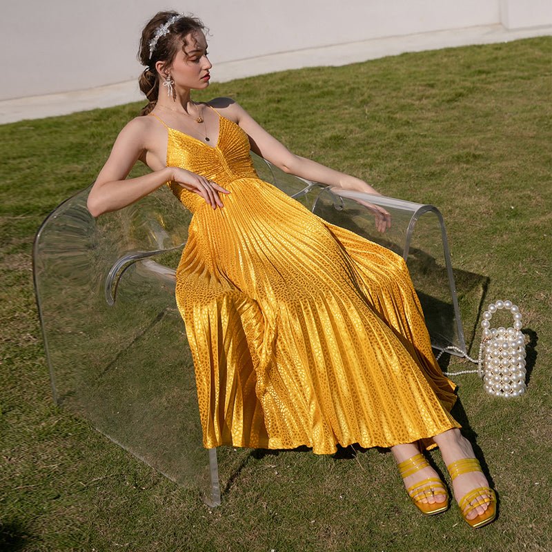 Women's Gold Deep V Neck Strap Backless Texture Evening Dress - LiveTrendsX