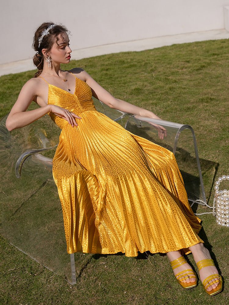 Women's Gold Deep V Neck Strap Backless Texture Evening Dress - LiveTrendsX