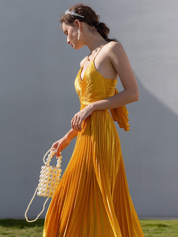 Women's Gold Deep V Neck Strap Backless Texture Evening Dress - LiveTrendsX