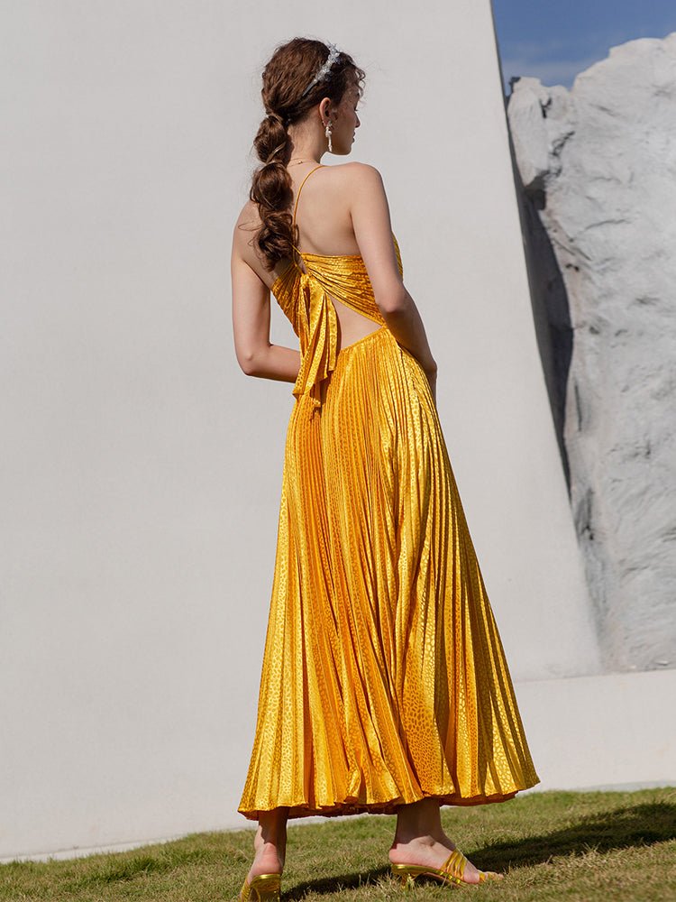 Women's Gold Deep V Neck Strap Backless Texture Evening Dress - LiveTrendsX