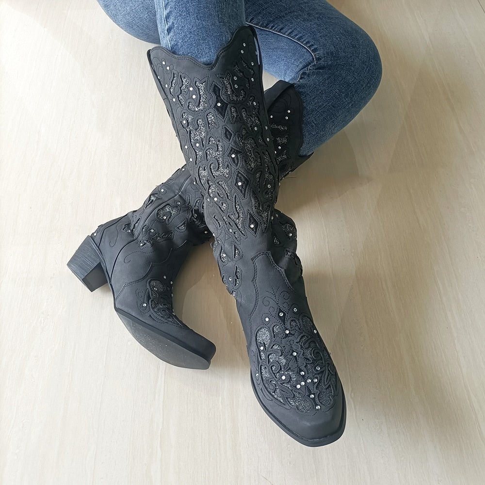 Women's Shoes Embroidery Ethnic Style High Tube Thick Heel Big Size - LiveTrendsX