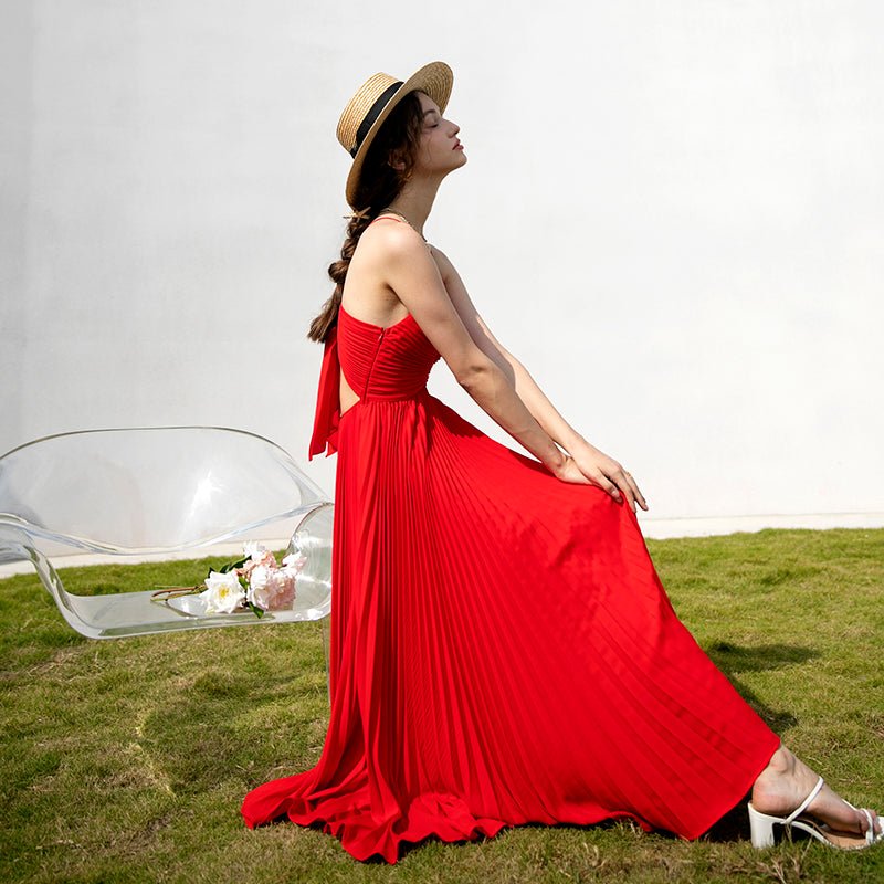 Women's summer red pleated suspender dress - LiveTrendsX