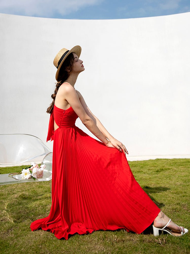 Women's summer red pleated suspender dress - LiveTrendsX
