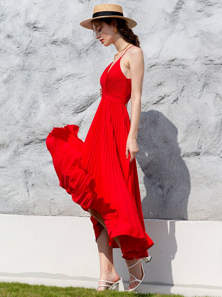 Women's summer red pleated suspender dress - LiveTrendsX