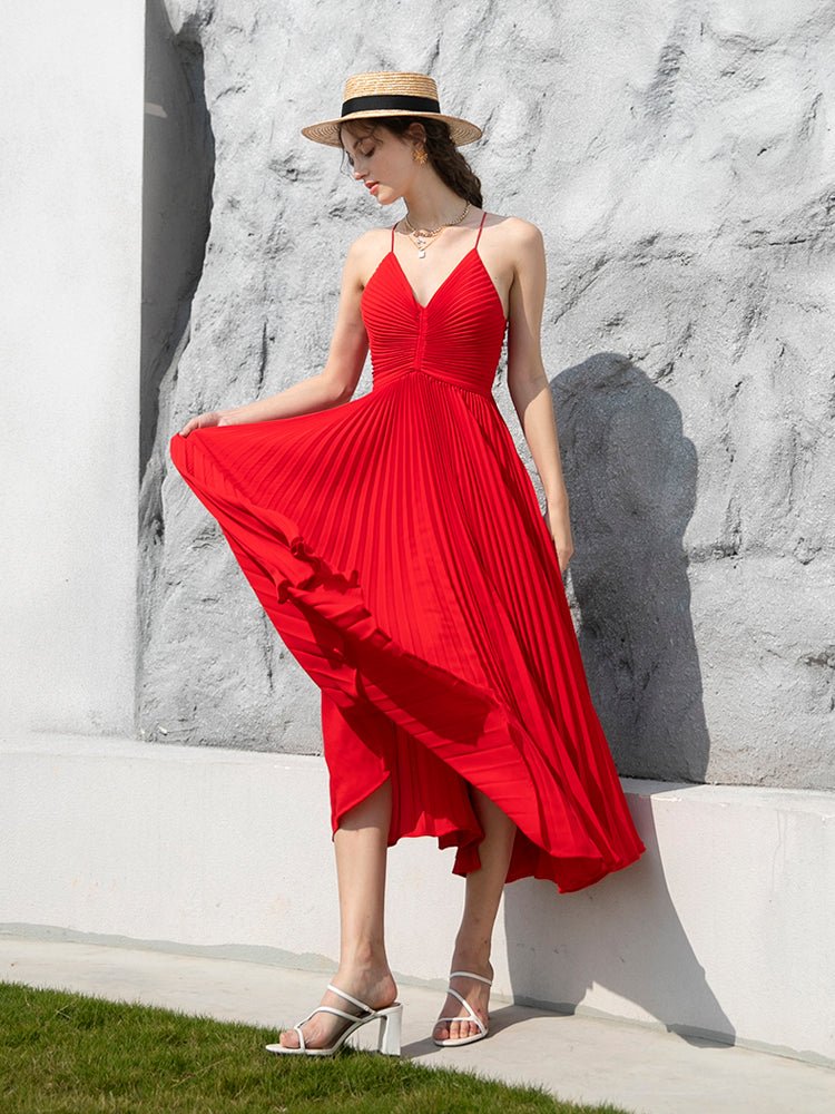 Women's summer red pleated suspender dress - LiveTrendsX