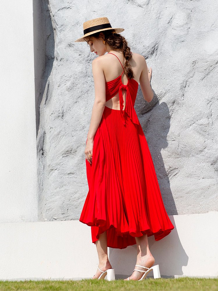 Women's summer red pleated suspender dress - LiveTrendsX